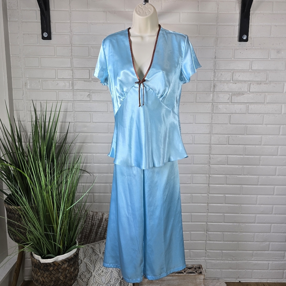 Etienne Satin Blue Two Piece Pajama Set with Brown Trim Small